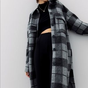 H&M Long Shirt Jacket Checked Gray Knee-Length Trendy Size XS NEW